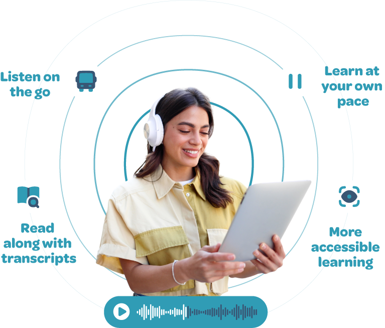 Woman listening to the audio edition of the TEFL course on a tablet