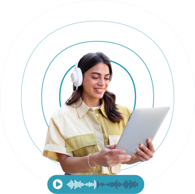 Woman listening to the audio edition of the TEFL course on a tablet