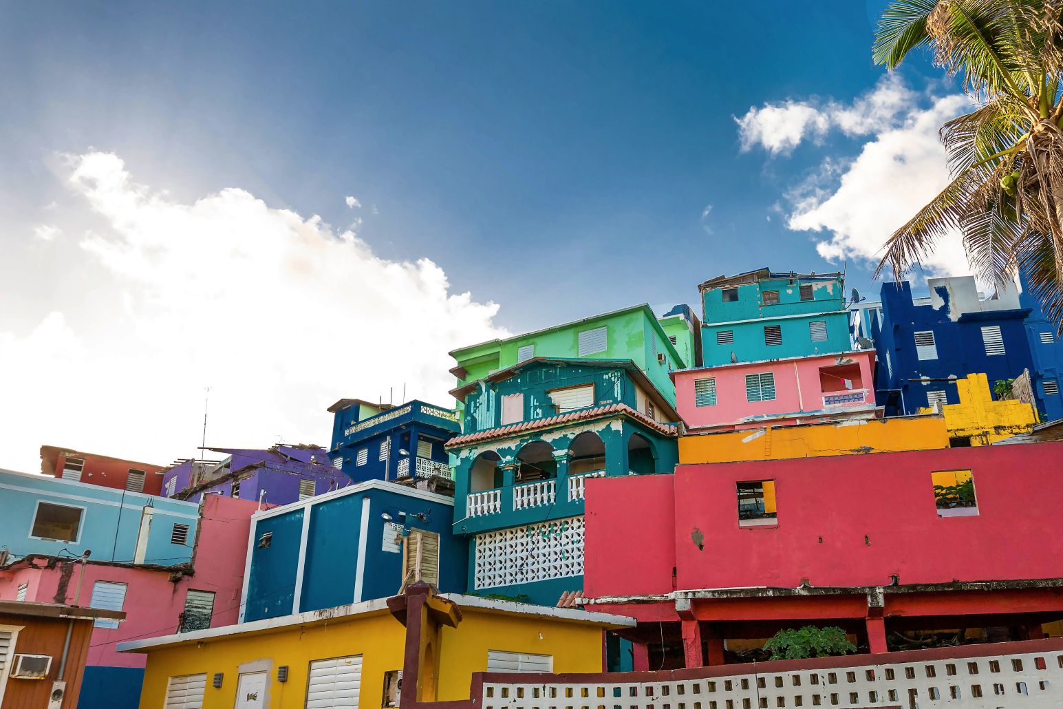 Brightly painted houses in pink, yellow, green, blue and turquoise stacked up a hillside in Old San Juan, Puerto Rico, with a palm tree against a blue sky.