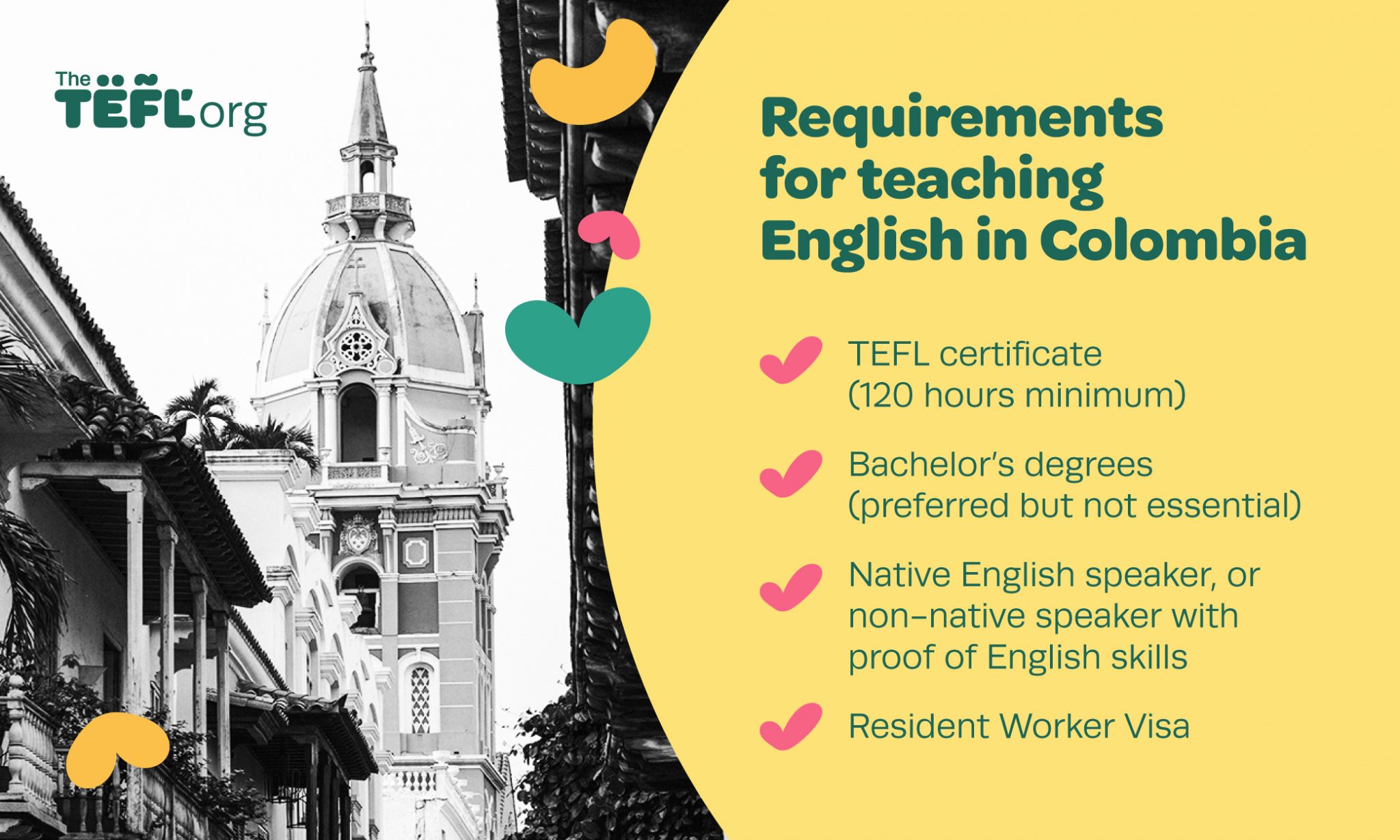 Infographic listing requirements for teaching English in Colombia: a TEFL certificate (120 hours minimum), a bachelor's degree (preferred but not essential), being a native English speaker or a non-native speaker with proof of English skills, and a Resident Worker Visa