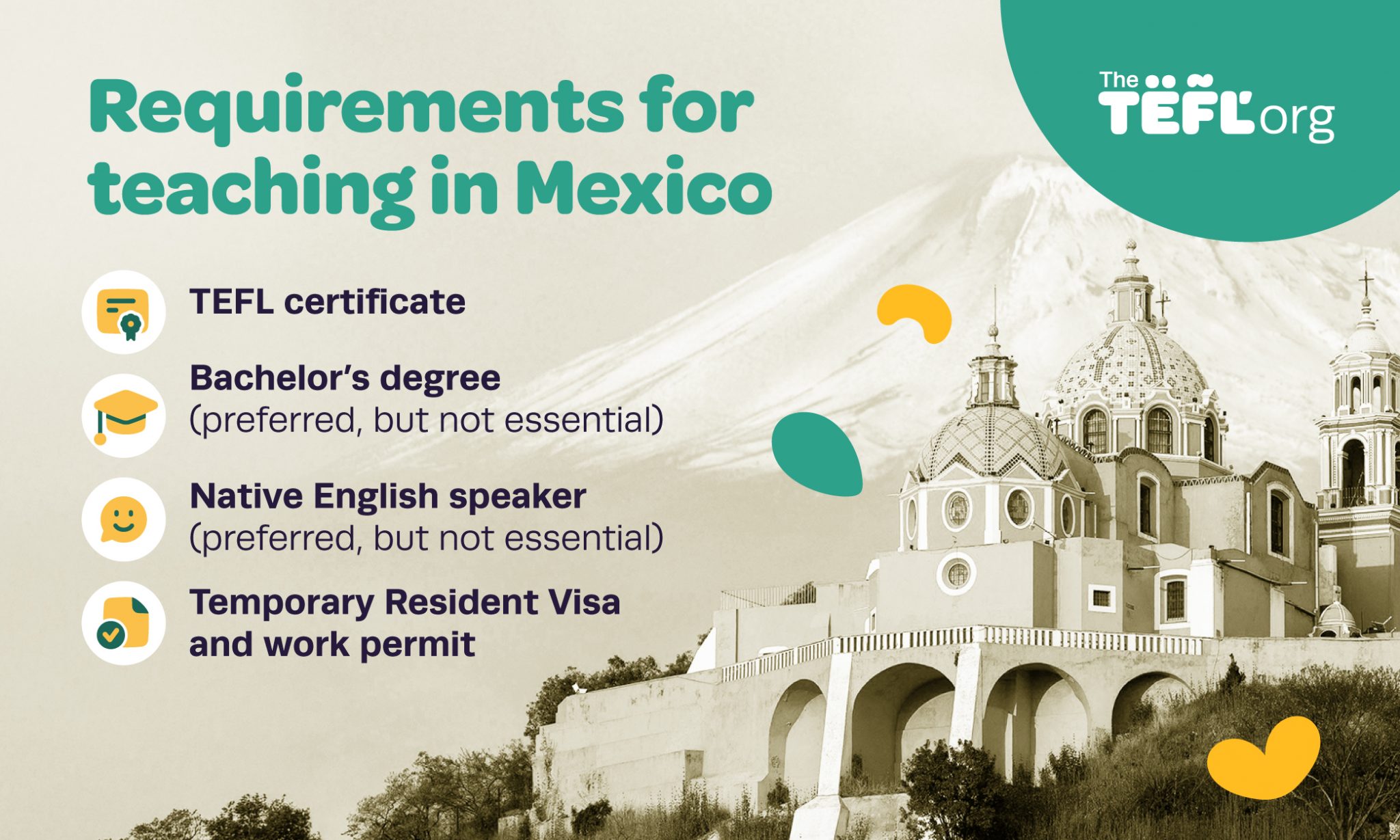 Infographic showing requirements for teaching in Mexico: a TEFL certificate, a bachelor's degree (preferred but not essential), native English speaker status (preferred but not essential), and a Temporary Resident Visa with work permit
