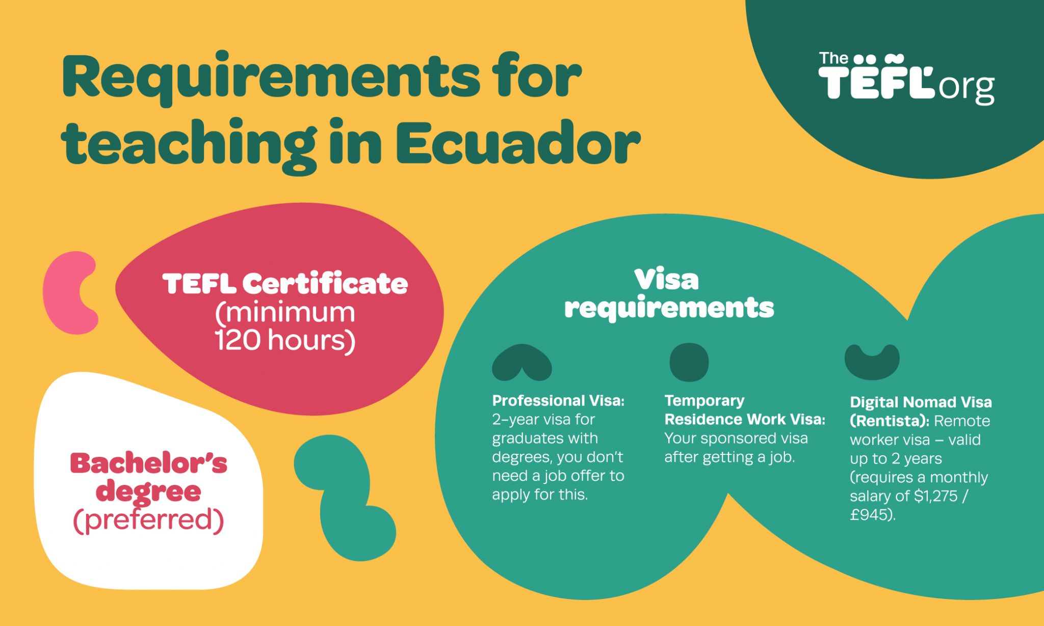 Requirements for teaching in Ecuador infographic: a TEFL certificate of at least 120 hours and a bachelor’s degree (preferred), plus three visa options — the Professional Visa, a two-year visa for graduates that doesn’t need a job offer; the Temporary Residence Work Visa, sponsored after getting a job; and the Digital Nomad Visa (Rentista), a remote worker visa valid for up to two years that requires a monthly income of $1,275 / £945